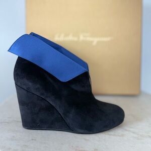 Salvatore Ferragamo Alata Suede Wedge Booties, Black, Size 36 *AUTHENTIC*